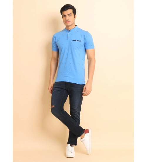 Generic Men's Casual Cotton Printed Mandarin Collar Half Sleeve T-Shirt (LightBlue)