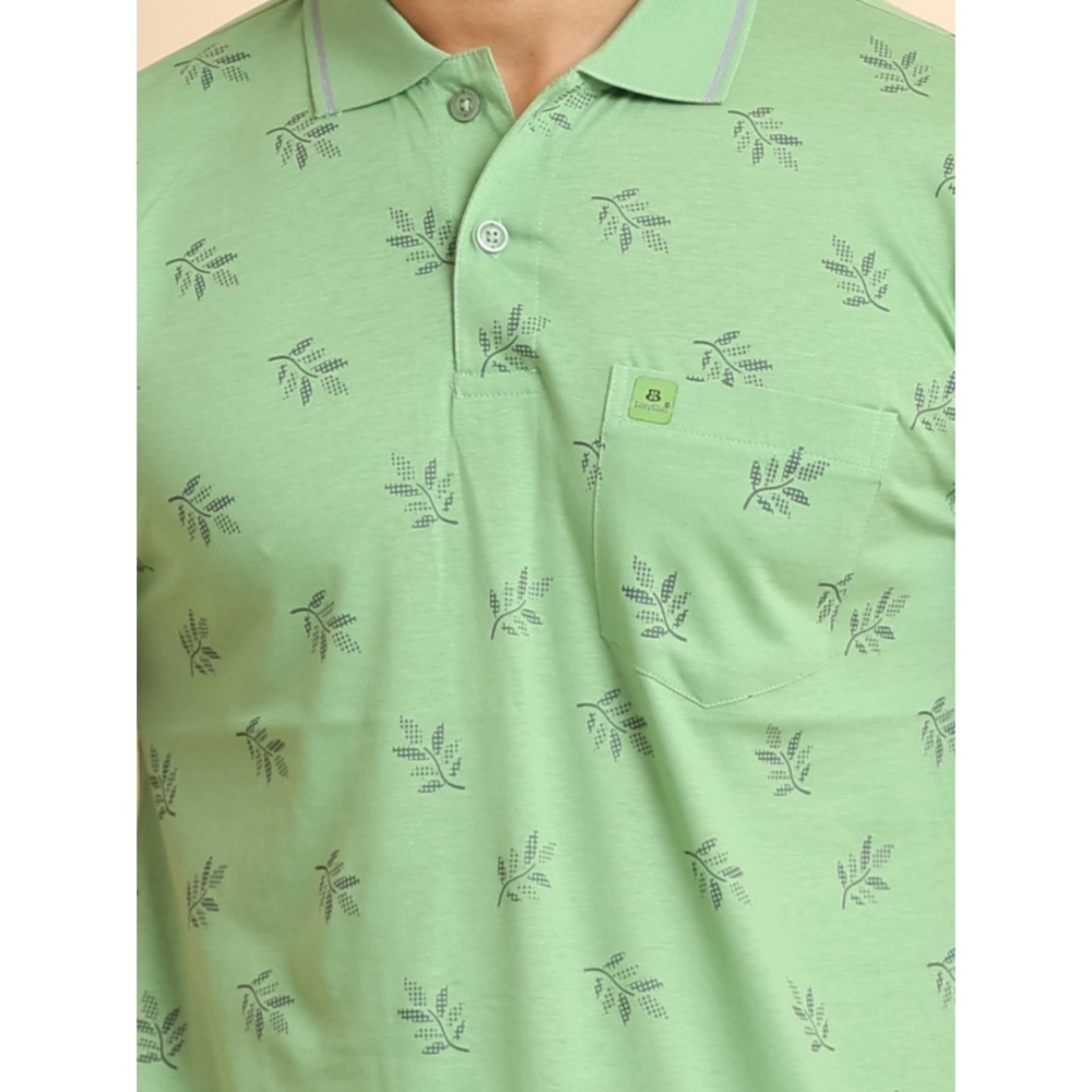 Men's Casual Cotton Printed Polo Neck Half Sleeve T-Shirt (Light Green)