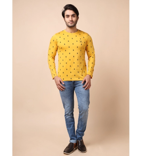 Generic Men's Casual Cotton Printed Round Neck Full Sleeve T-Shirt (Mustard)