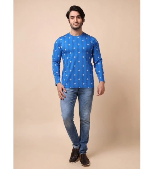 Generic Men's Casual Cotton Printed Round Neck Full Sleeve T-Shirt (Blue)