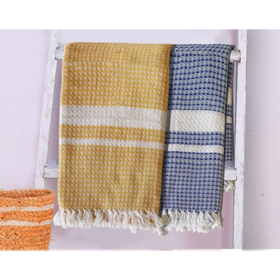 Generic Pack Of_2 Cotton Checked  Bath Towels (Blue &amp; Yellow, Size: 28x59 In)