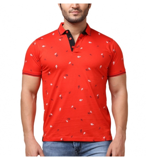 Generic Men's Casual Cotton Printed Polo Neck Half Sleeve T-Shirt (Red)