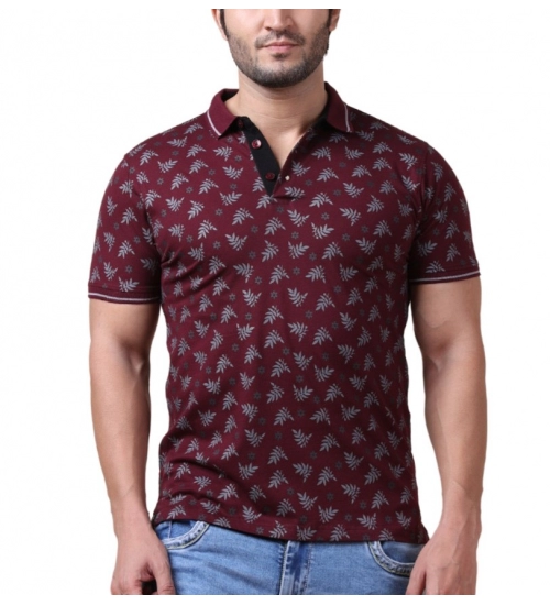 Generic Men's Casual Cotton Printed Polo Neck Half Sleeve T-Shirt (Plum)