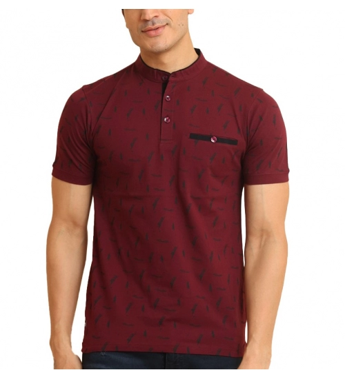 Generic Men's Casual Cotton Printed Mandarin Collar Half Sleeve T-Shirt (Plum)
