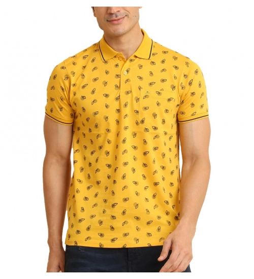 Generic Men's Casual Cotton Printed Polo Neck Half Sleeve T-Shirt (Mustard)