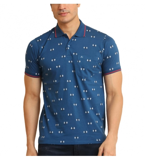 Generic Men's Casual Cotton Printed Polo Neck Half Sleeve T-Shirt (Blue)