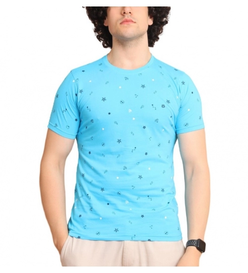 Generic Men's Casual Cotton Printed Round Neck Half Sleeve T-Shirt (Skyblue)
