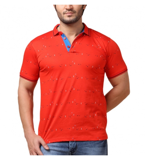 Generic Men's Casual Cotton Printed Polo Neck Half Sleeve T-Shirt (Red)