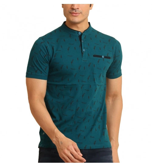 Generic Men's Casual Cotton Printed Mandarin Collar Half Sleeve T-Shirt (Green)