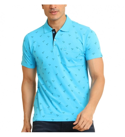 Generic Men's Casual Cotton Printed Polo Neck Half Sleeve T-Shirt (Skyblue)