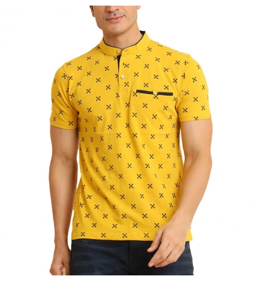 Generic Men's Casual Cotton Printed Mandarin Collar Half Sleeve T-Shirt (Mustard)