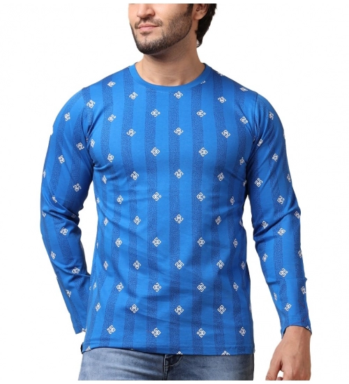 Generic Men's Casual Cotton Printed Round Neck Full Sleeve T-Shirt (Blue)