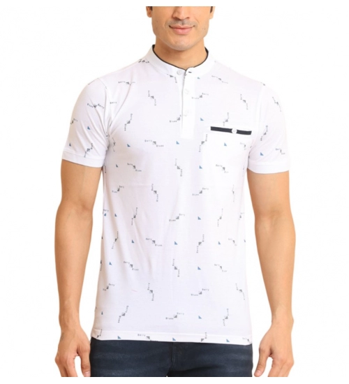 Generic Men's Casual Cotton Printed Mandarin Collar Half Sleeve T-Shirt (White)