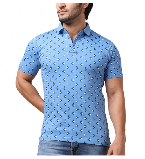 Generic Men's Casual Cotton Printed Polo Neck Half Sleeve T-Shirt (Blue)