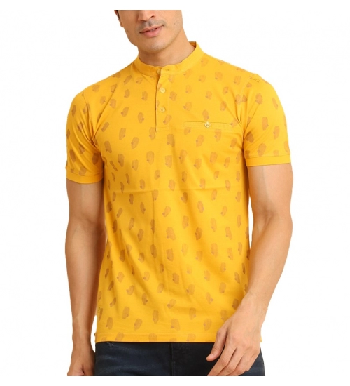 Generic Men's Casual Cotton Printed Mandarin Collar Half Sleeve T-Shirt (Mustard)
