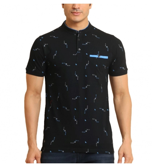 Generic Men's Casual Cotton Printed Mandarin Collar Half Sleeve T-Shirt (Navy)
