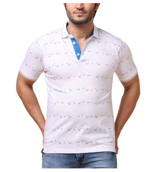 Generic Men's Casual Cotton Printed Polo Neck Half Sleeve T-Shirt (White)
