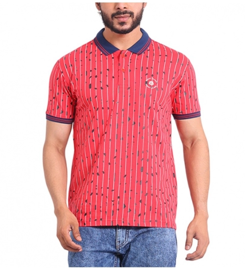 Generic Men's Casual Cotton Printed Polo Neck Half Sleeve T-Shirt (Red)