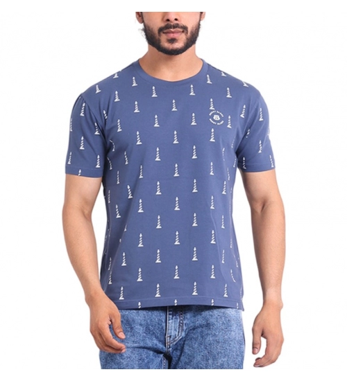 Generic Men's Casual Cotton Printed Round Neck Half Sleeve T-Shirt (Blue)