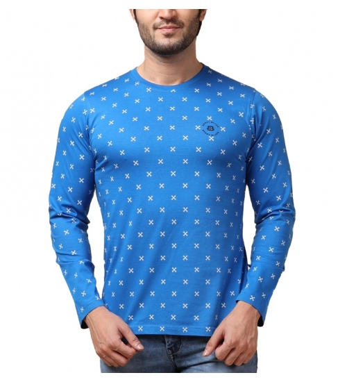 Generic Men's Casual Cotton Printed Round Neck Full Sleeve T-Shirt (Blue)