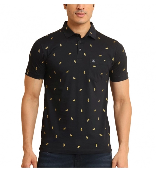 Generic Men's Casual Cotton Printed Polo Neck Half Sleeve T-Shirt (Black)