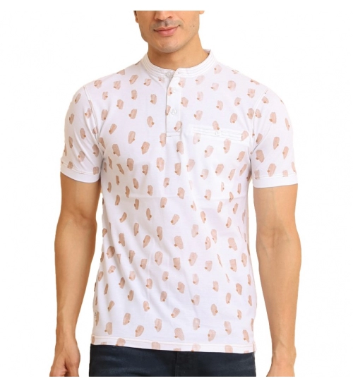 Generic Men's Casual Cotton Printed Mandarin Collar Half Sleeve T-Shirt (White)