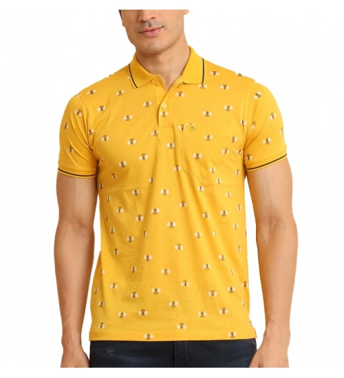 Generic Men's Casual Cotton Printed Polo Neck Half Sleeve T-Shirt (Mustard)