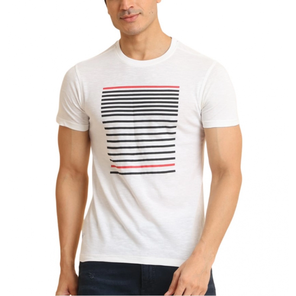 Men's Casual Cotton Printed Round Neck Half Sleeve T-Shirt (White)