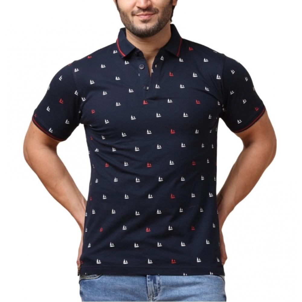 Men's Casual Cotton Printed Polo Neck Half Sleeve T-Shirt (Navy)
