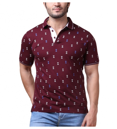 Generic Men's Casual Cotton Printed Polo Neck Half Sleeve T-Shirt (Plum)