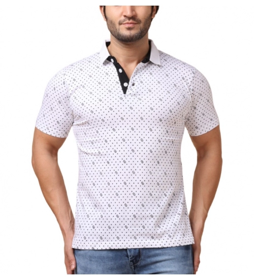 Generic Men's Casual Cotton Printed Polo Neck Half Sleeve T-Shirt (White)