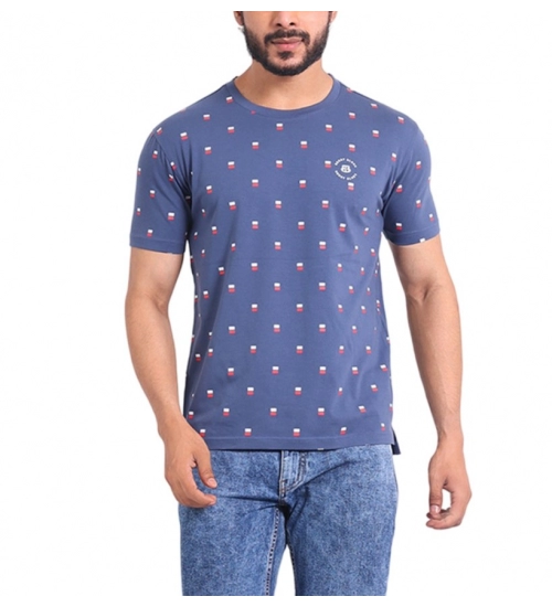 Generic Men's Casual Cotton Printed Round Neck Half Sleeve T-Shirt (Blue)