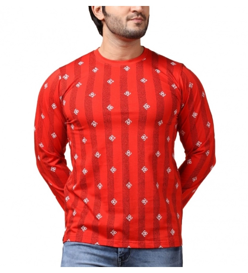 Generic Men's Casual Cotton Printed Round Neck Full Sleeve T-Shirt (Red)