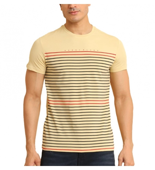 Generic Men's Casual Cotton Printed Round Neck Half Sleeve T-Shirt (Beige)