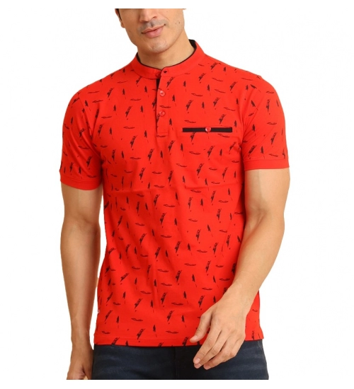 Generic Men's Casual Cotton Printed Mandarin Collar Half Sleeve T-Shirt (Red)