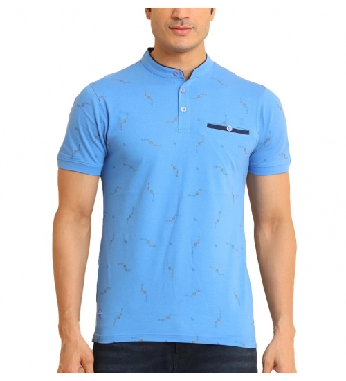 Generic Men's Casual Cotton Printed Mandarin Collar Half Sleeve T-Shirt (LightBlue)