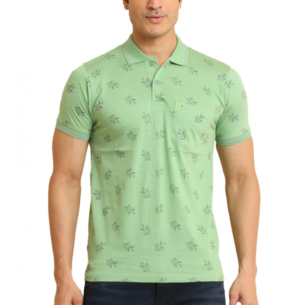 Men's Casual Cotton Printed Polo Neck Half Sleeve T-Shirt (Light Green)