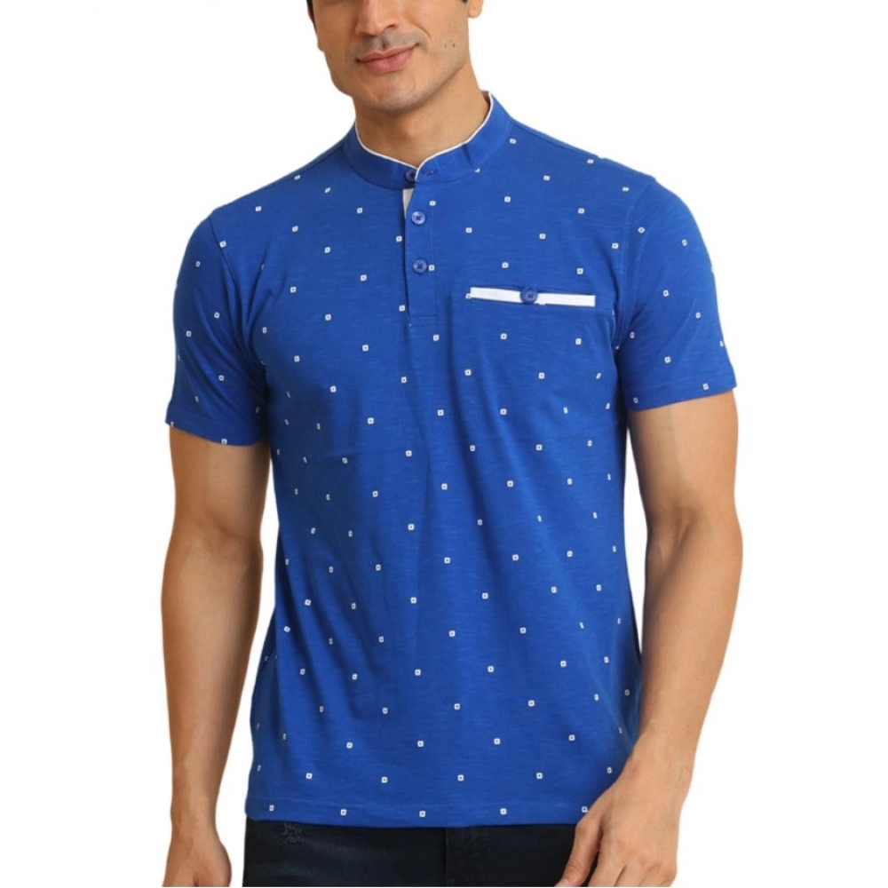 Men's Casual Cotton Printed Mandarin Collar Half Sleeve T-Shirt (Blue)