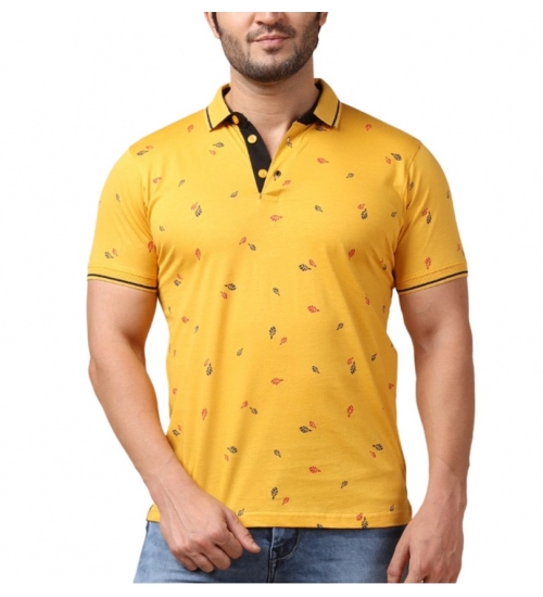 Generic Men's Casual Cotton Printed Polo Neck Half Sleeve T-Shirt (Mustard)