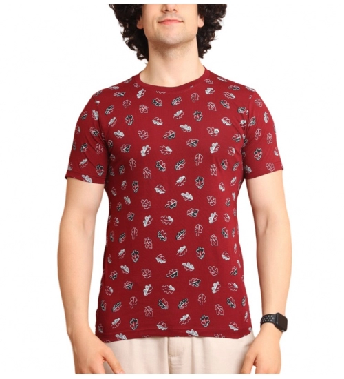 Generic Men's Casual Cotton Printed Round Neck Half Sleeve T-Shirt (Maroon)
