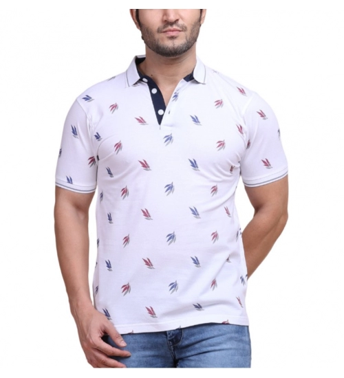 Generic Men's Casual Cotton Printed Polo Neck Half Sleeve T-Shirt (White)