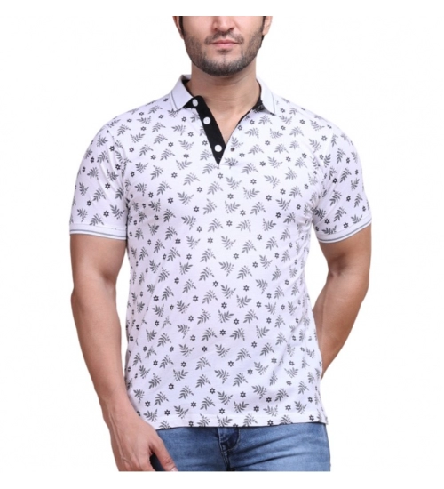 Generic Men's Casual Cotton Printed Polo Neck Half Sleeve T-Shirt (White)