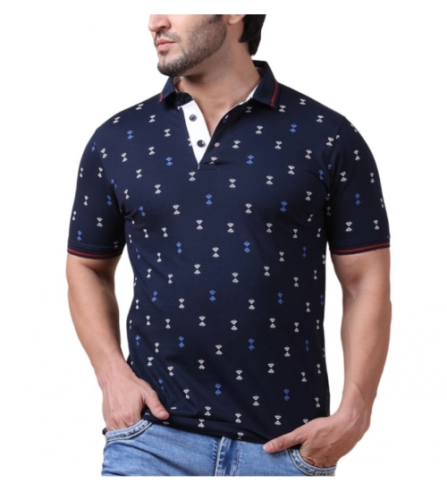 Generic Men's Casual Cotton Printed Polo Neck Half Sleeve T-Shirt (Navy)