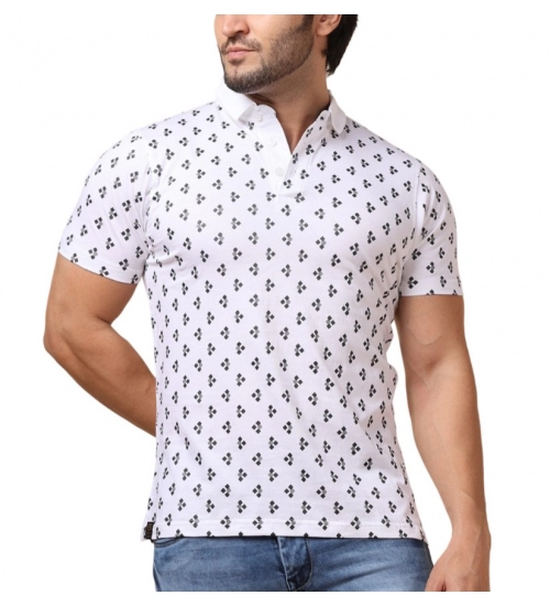 Generic Men's Casual Cotton Printed Polo Neck Half Sleeve T-Shirt (White)
