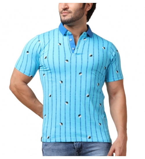 Generic Men's Casual Cotton Printed Polo Neck Half Sleeve T-Shirt (Skyblue)