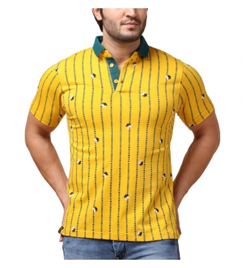 Generic Men's Casual Cotton Printed Polo Neck Half Sleeve T-Shirt (Yellow)