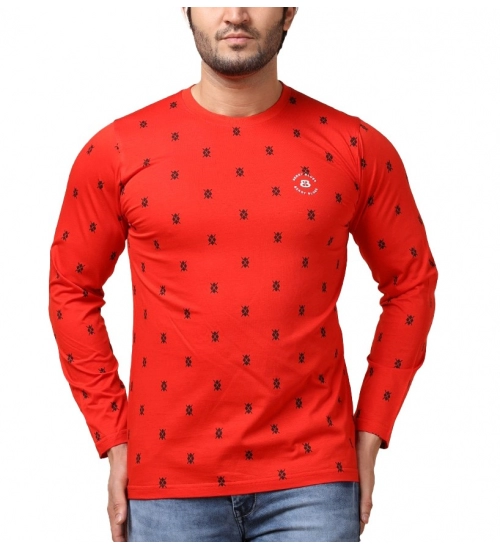 Generic Men's Casual Cotton Printed Round Neck Full Sleeve T-Shirt (Red)