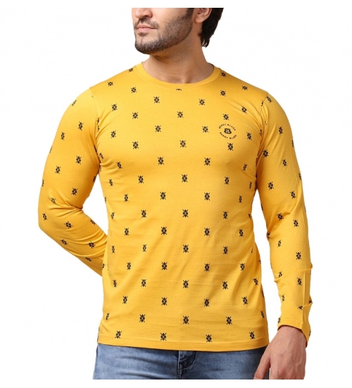 Generic Men's Casual Cotton Printed Round Neck Full Sleeve T-Shirt (Mustard)