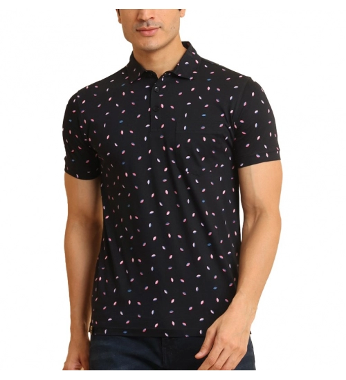 Generic Men's Casual Cotton Printed Polo Neck Half Sleeve T-Shirt (Black)