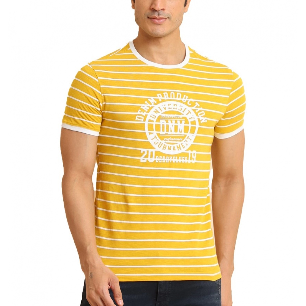 Men's Casual Cotton Printed Round Neck Half Sleeve T-Shirt (Mustard)